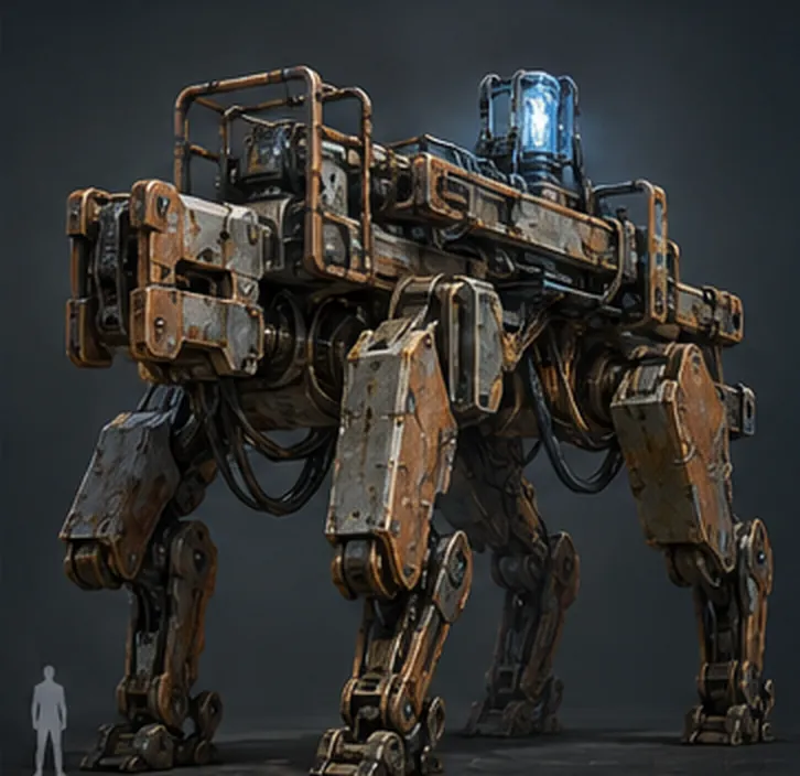 A worn four-legged machine in copper and ceramic with a glowing core on its back