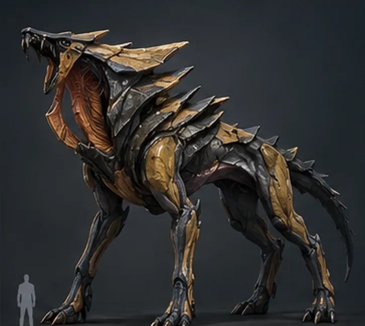 A lean four-legged predator with angular shoulder plates and an open throat