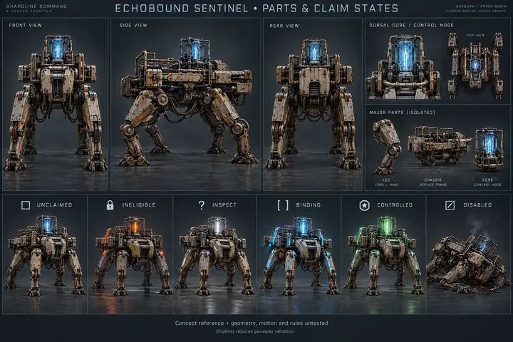A worn copper/ceramic quadruped construct with an isolated dorsal control core, proposed for evidence, salvage and the Reclaimer’s single temporary sentinel.