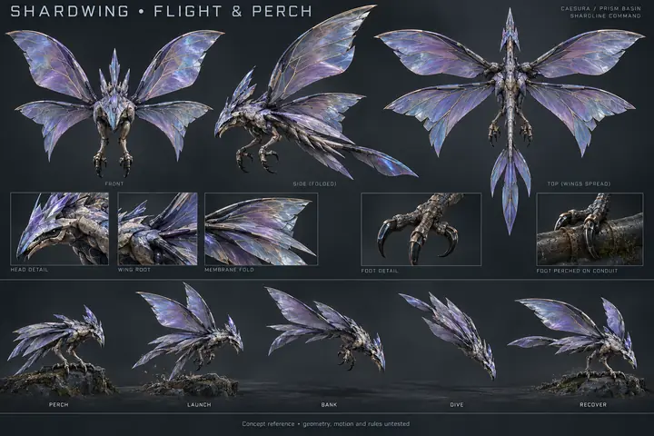 An aerial predator proposal with four membrane wings, hook feet and reflective fins. Perch, approach, dive and grounded recovery make its movement a readable sequence.