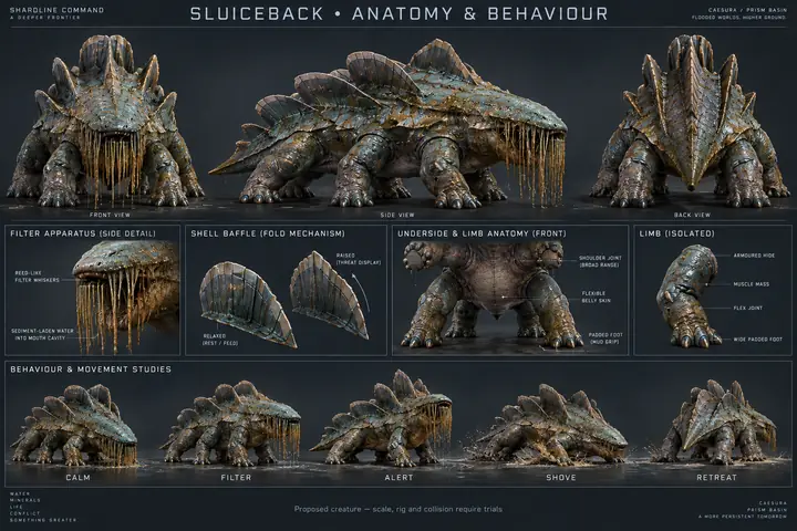A broad six-legged amphibious filter-feeder concept with shell baffles and reed whiskers, intended to show calm, alert and committed charge states.