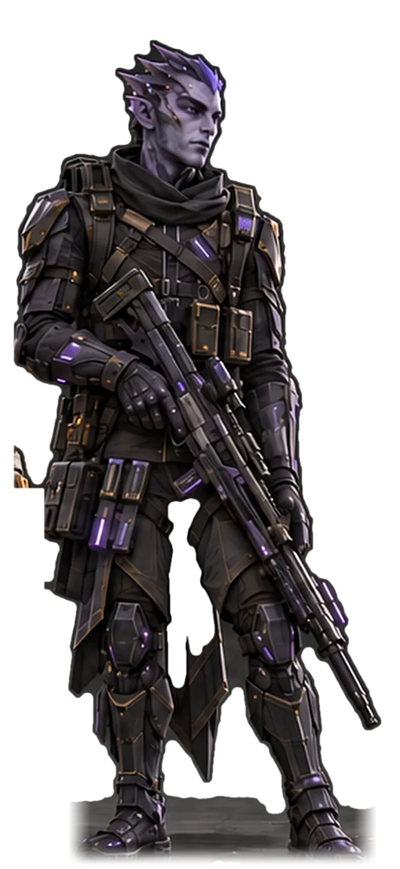 Sileth Veilrunner concept: a narrow, violet-skinned scout in dark faceted armour with a long rifle